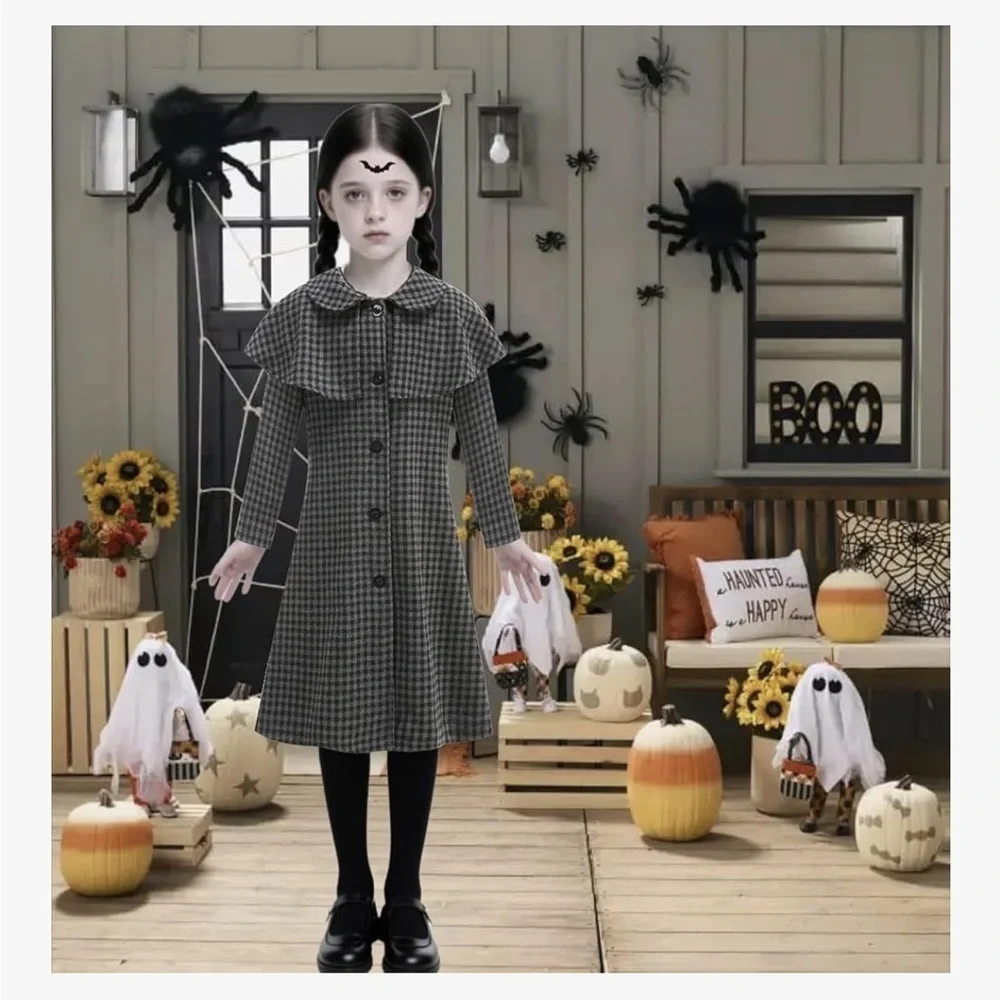 NWT Wednesday Adams Inspired Plaid Long Coat for Kids Cosplay Halloween